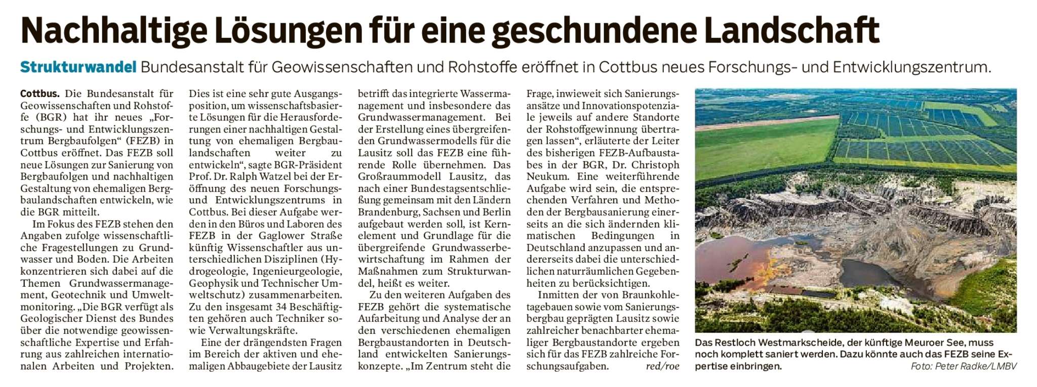 Bundesanstalt für Geowissenschaften und Rohstoffe eröffnet in Cottbus neues Forschungszentrum