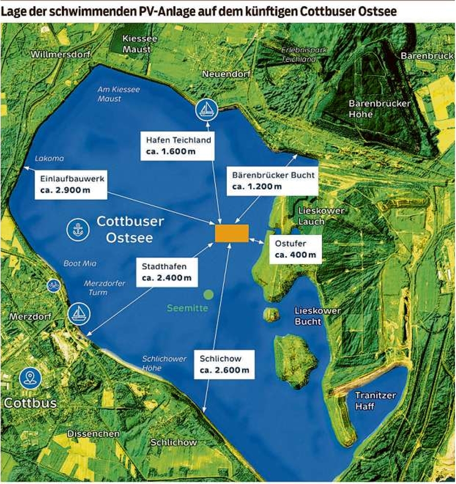 Lage der schwimmenden PV-Anlage aus dem künftigen Cottbuser Ostsee