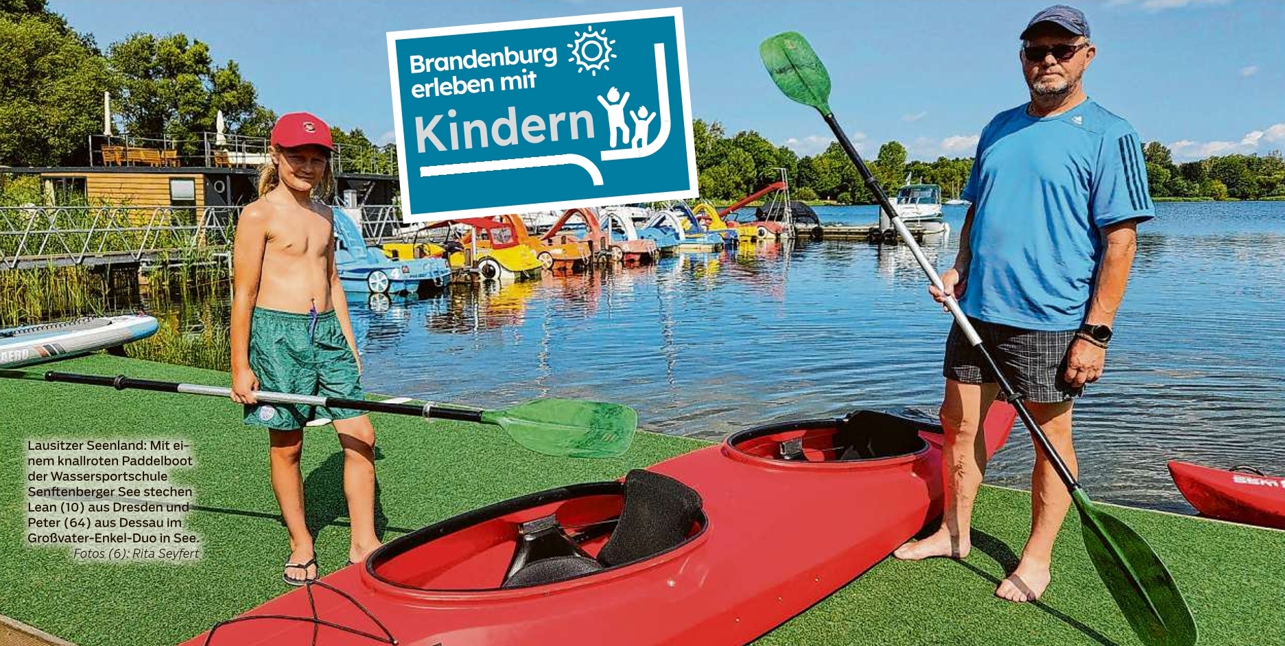 Lausitzer Seenland: Mit einem knall roten Paddelboot der Wassersportschule Senftenberger See stechen Lean(10) aus Dresden und Peter (64) aus Dessau im Großvater-Enkel-Duo in See.
