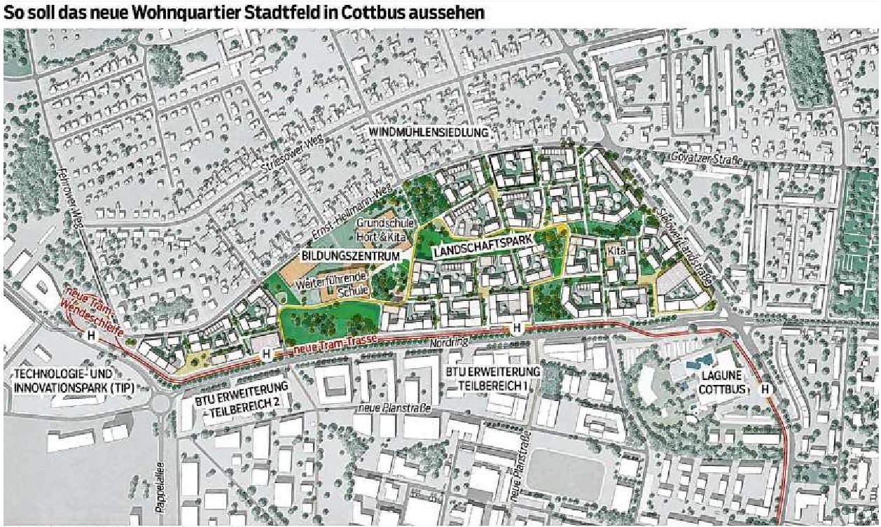Das neue Wohnquartier Stadtfeld in Cottbus südlich der Vogelsiedlung ist  in verschiedene Bereiche eingeteilt und soll ans Straßenbahnnetz angeschlossen werden.