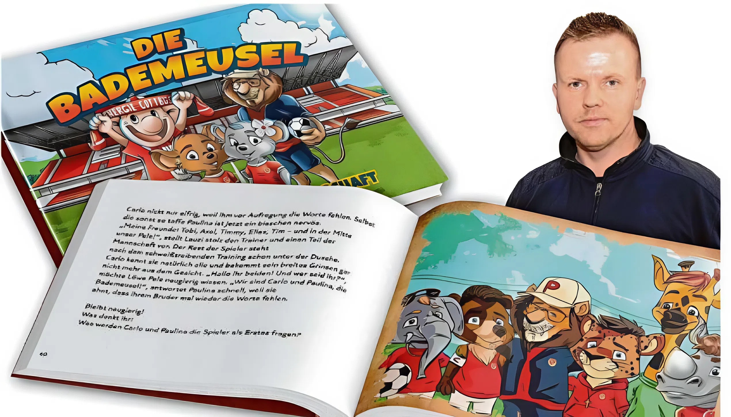 Im neuen Kinderbuch von Autor Enrico Schnick aus Forst besuchen die „Bademeusel“ diesmal die Stars vom FC Energie Cottbus. 