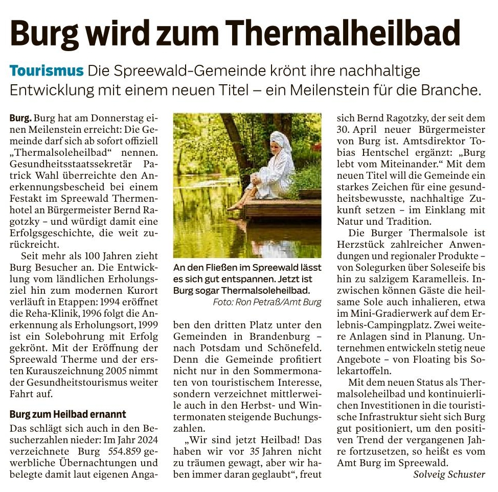Die Spreewaldgemeinde Burg wird zum Thermalheilbad