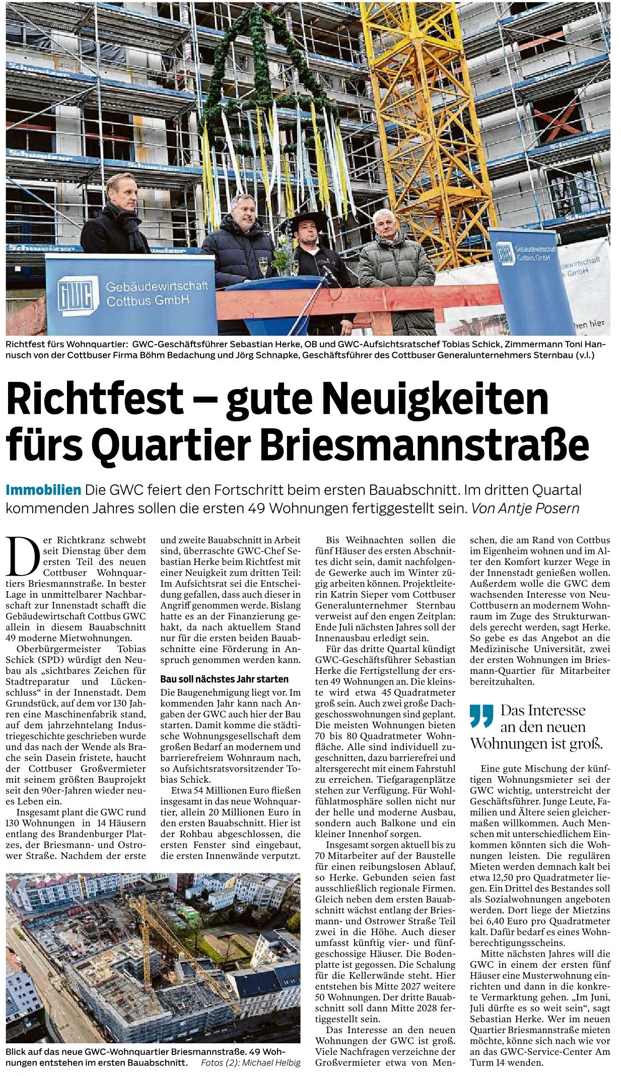 Richtfest für insgesamt 130 Wohnungen in Cottbuser Citylage