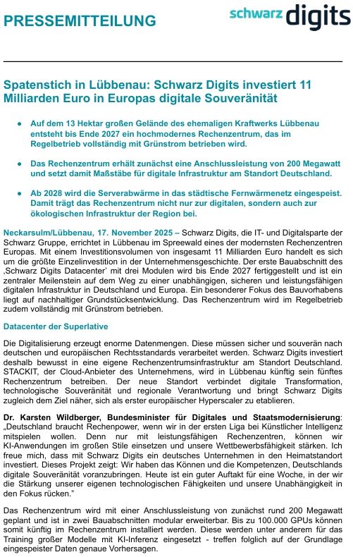 Spatenstich in Lübbenau: Schwarz Digits investiert 11 Milliarden € in Europas digitale Souveränität