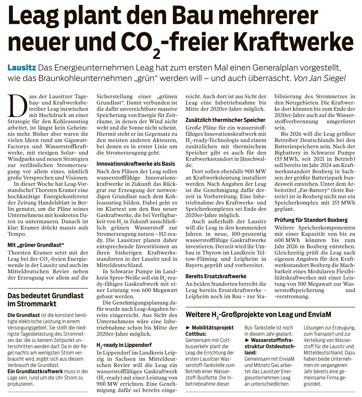 LEAG plant den Bau mehrerer neuer und CO2 -freier Kraftwerke