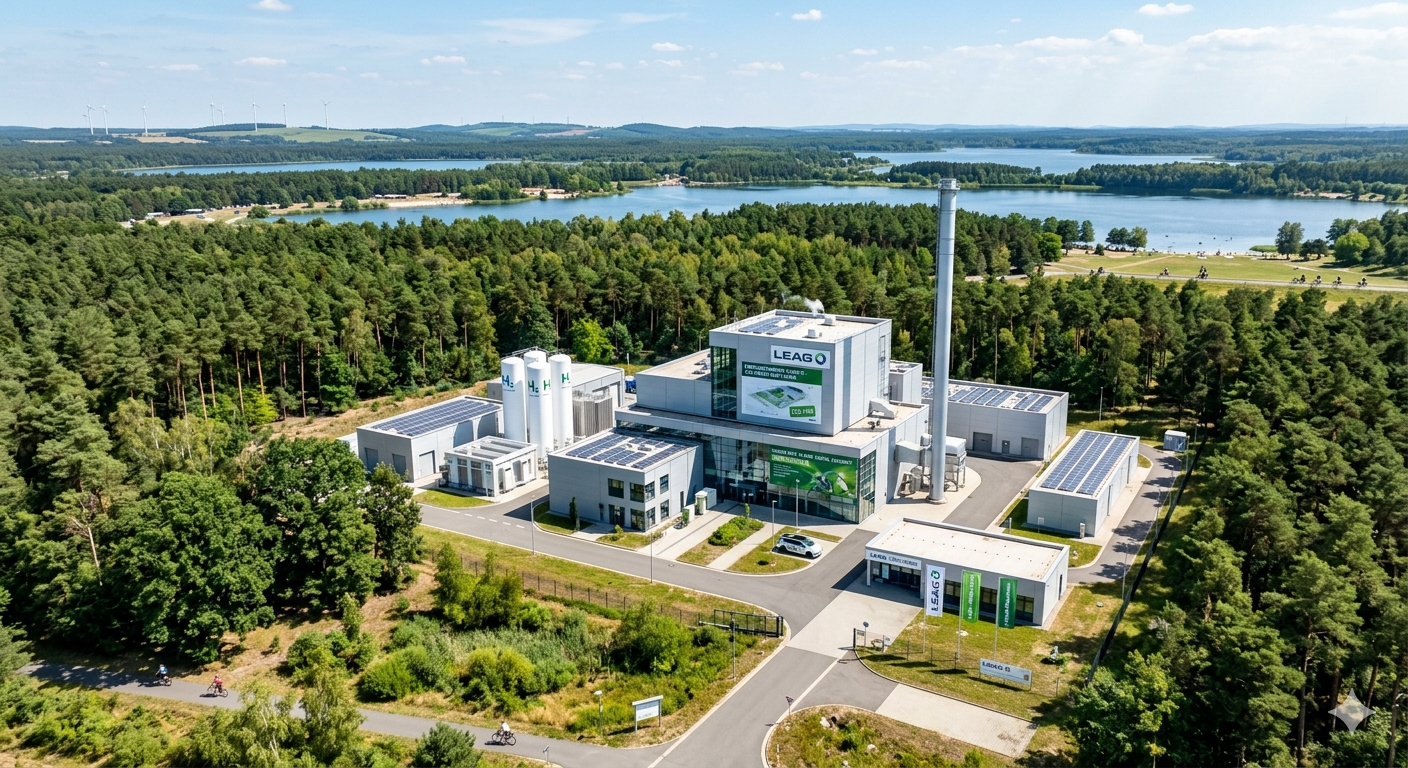 Hier ist das Foto, das die Transformation der LEAG in der Lausitz veranschaulicht: Ein modernes, grünes Kraftwerk, umgeben von Wäldern und Seen, die die Vision einer nachhaltigen Energiezukunft symbolisieren.