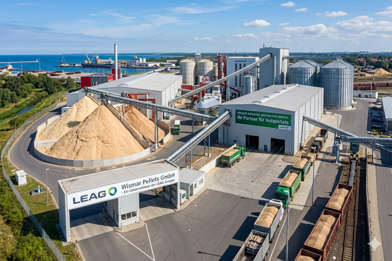 Beispielfoto wie Unternehmensübernahme aussehen kann. LEAG produziert Holzpellets in Wismar.