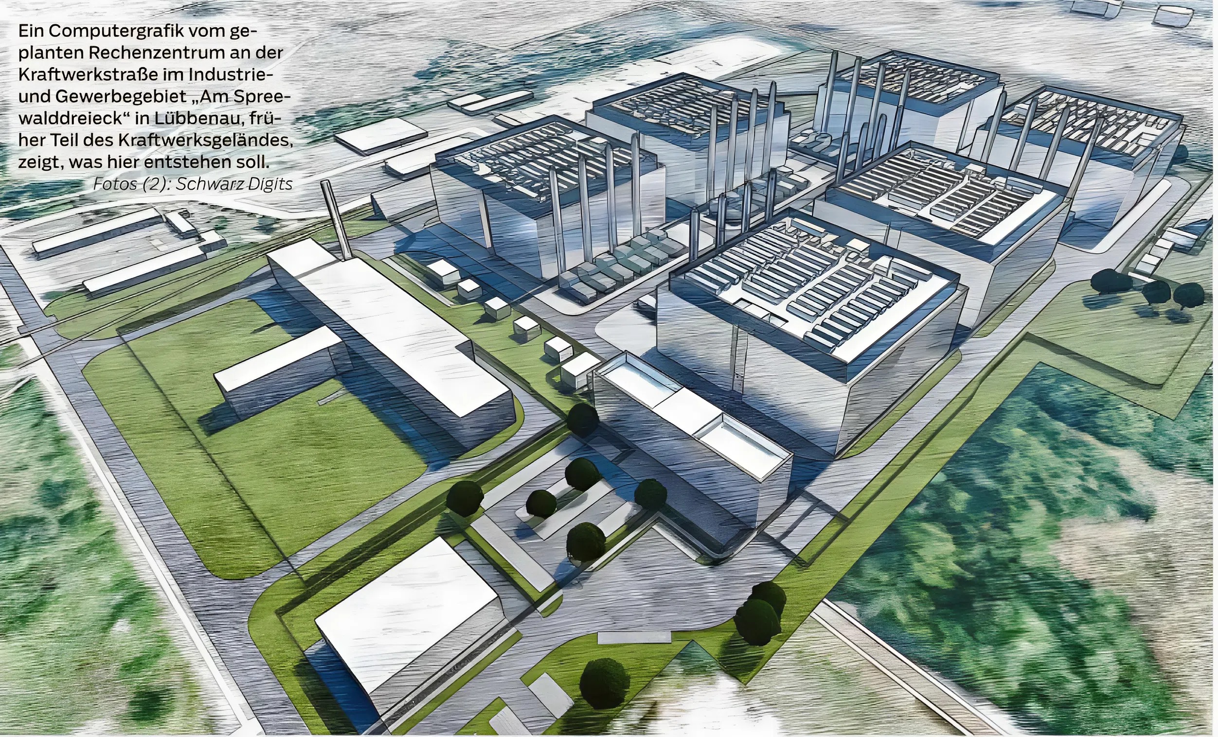Eine Computergrafik vom geplanten Rechenzentrum an der Kraftwerkstraße im Industrie und Gewerbegebiet „Am Spreewalddreieck“ in Lübbenau, früher Teil des Kraftwerksgeländes, zeigt, was hier entstehen soll.
