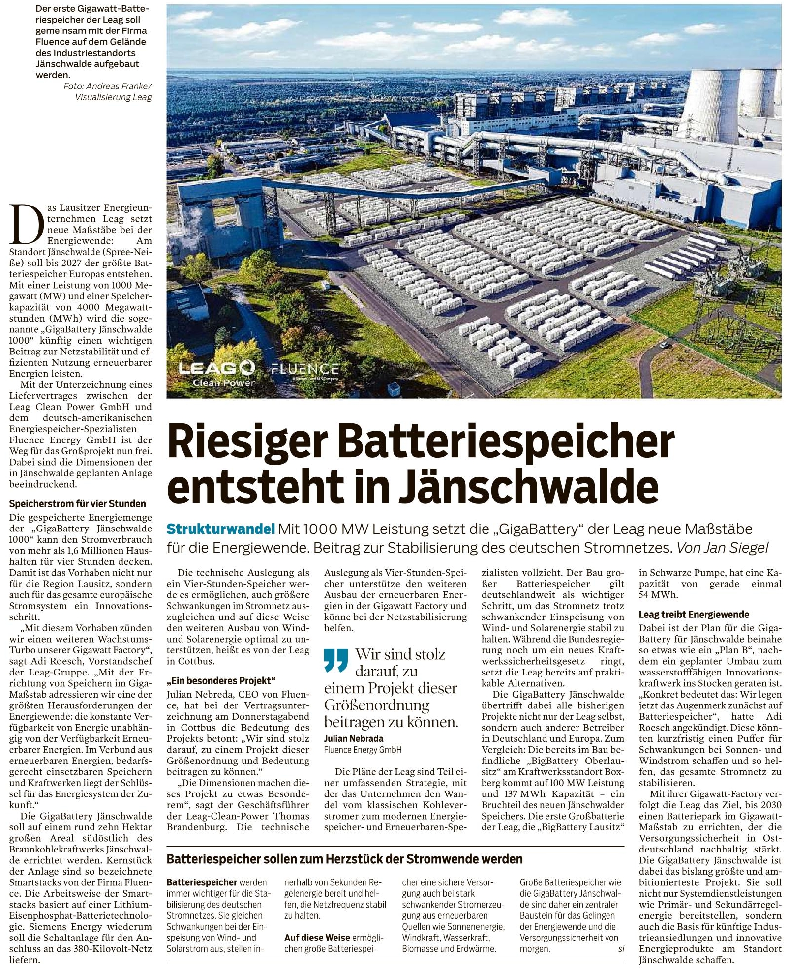 In Jänschwalde entsteht Europas größter Energiespeicher