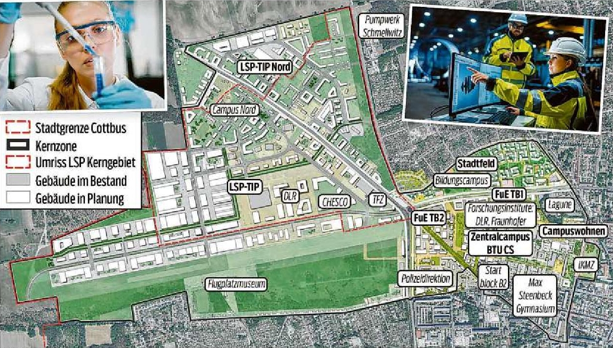 So soll der Lausitz Science Park in Cottbus aussehen. Die ersten sichtbaren Entwicklungen werden im Bereich Forschung und Entwicklung sowie im Stadtfeld erwartet.