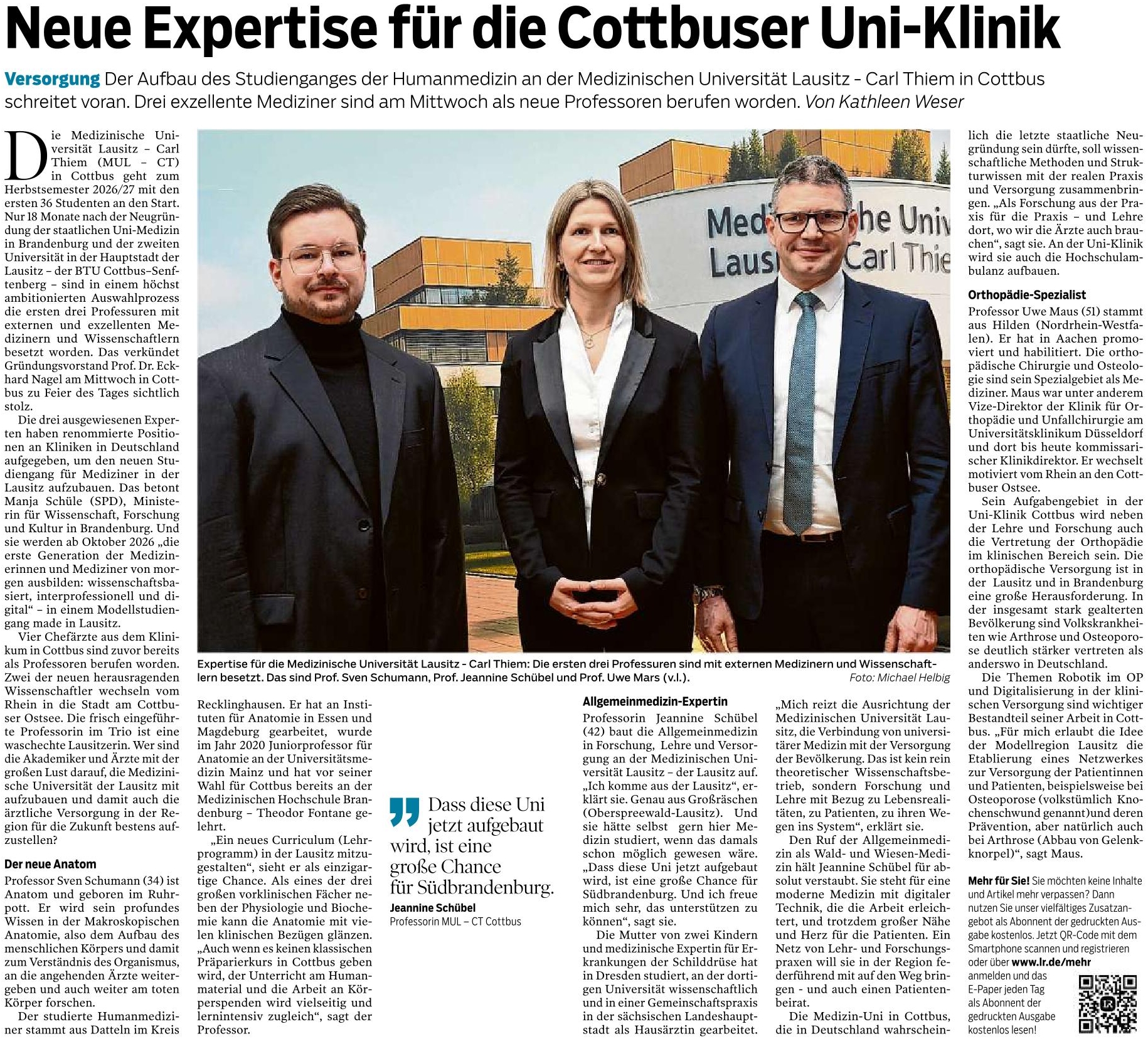 Die ersten Lehrstühle für die neue Cottbuser Uniklinik sind besetzt.