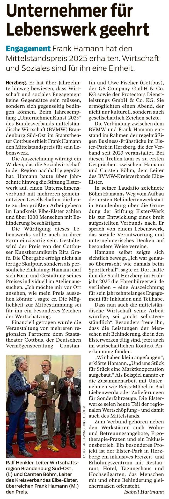 Frank Hamann bekommt BVMW Mittelstandspreis für sein unternehmerisches Lebenswerk