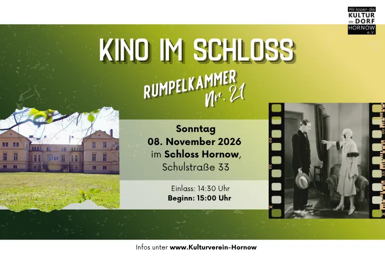 Schloss Hornow sowie eine Szene aus einem alten Film