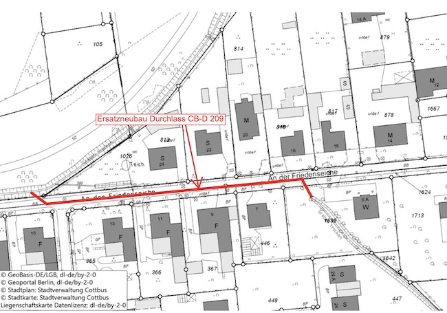Betroffen ist der Abschnitt vor den Grundstücken 5A, 7, 9, 11, 13, 16, 18, 20, 22 und 24.