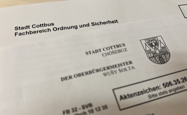 Briefkopf einer schriftlichen Verwarnung bzgl. Überschreitung der zulässigen Höchstgeschwindigkeit im Gebiet der Stadt Cottbus