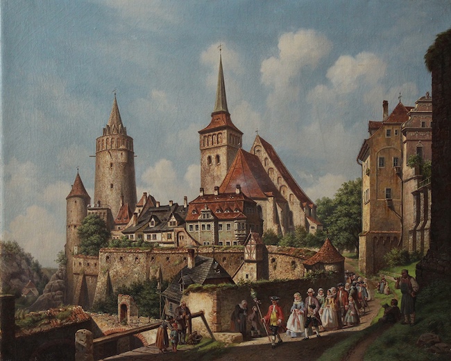Carl Franz Ludwig Kergel (1814–1874): Blick von der Mühltorgasse zur Mönchsbastei und zum Wendischen Kirchhof mit der Alten Wasserkunst und der Michaeliskirche. 1863. Öl auf Leinwand.