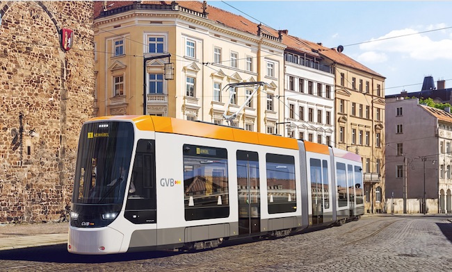 Fotomontage Stadler-Straßenbahn in Görlitz.