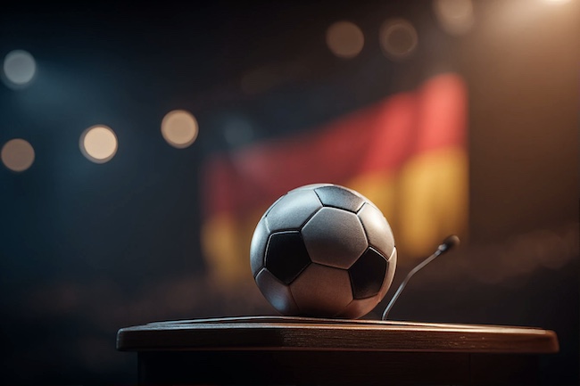 Ein Fußball symbolisch auf einem politischen Rednerpult