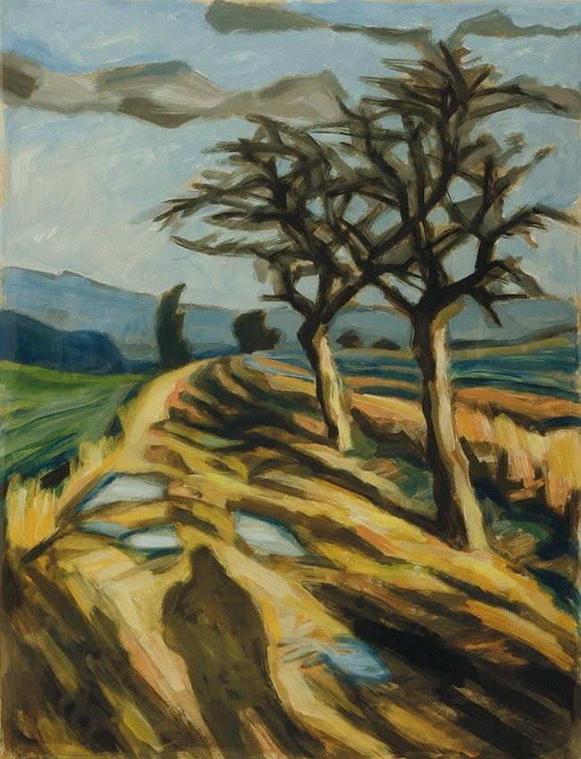 Lutz Jungrichter, Weg mit Pfützen und Schatten, 2023, Acryl auf Papier