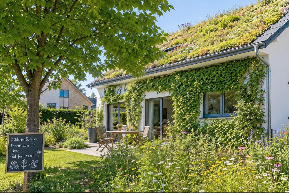 Grüne Dächer, begrünte Fassaden, schattenspendende Bäume und blühende Gärten verbessern das Mikroklima rund ums Haus, speichern Feuchtigkeit und schaffen wertvollen Lebensraum für Insekten. Mit solchen Ideen sucht der Zukunftspreis „EE-Wert Life 2026“ nach Vorbildern für eine klimaangepasste Gestaltung privater Grundstücke im Landkreis Elbe-Elster.