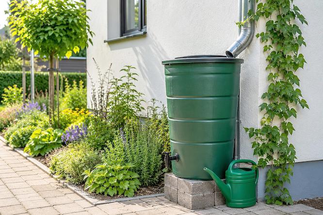 Regenwasser sinnvoll nutzen statt verschwenden: Eine Regentonne am Fallrohr sammelt Niederschläge für die Bewässerung von Garten und Beeten. Solche alltagstauglichen Lösungen zeigen, wie jeder Haushalt Wasser sparen und einen Beitrag zum nachhaltigen Umgang mit wertvollen Ressourcen leisten kann.