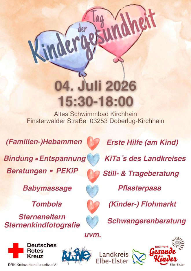  Am Samstag, dem 4. Juli 2026, findet im Landkreis Elbe-Elster bereits zum vierten Mal der Tag der Kindergesundheit statt. Veranstaltungsort ist das Gelände des ehemaligen Schwimmbades in Kirchhain.