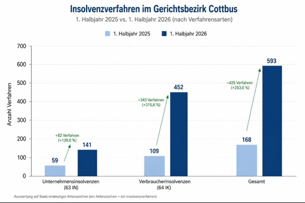 Die Grafik stellt die Privatinsolvenzen in den ersten Halbjahren sowie auch die gewerblichen Insolvenzen gegenüber.
