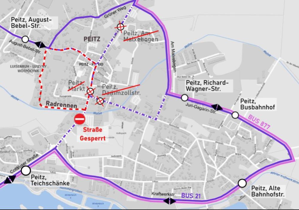 Die Route des Radrennens und damit einhergehende Sperrungen in Peitz