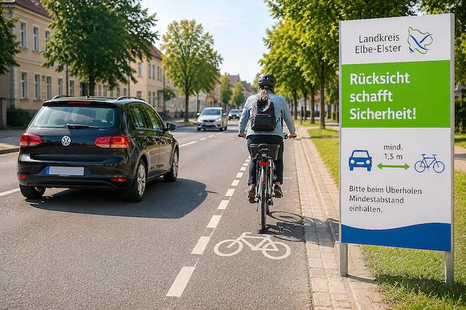 Rücksicht schafft Sicherheit: Fahrradschutzstreifen machen Radfahrende im Straßenverkehr besser sichtbar. Damit sie ihren Zweck erfüllen, sind gegenseitige Rücksicht und die Einhaltung des vorgeschriebenen Überholabstands von mindestens 1,50 Metern entscheidend.