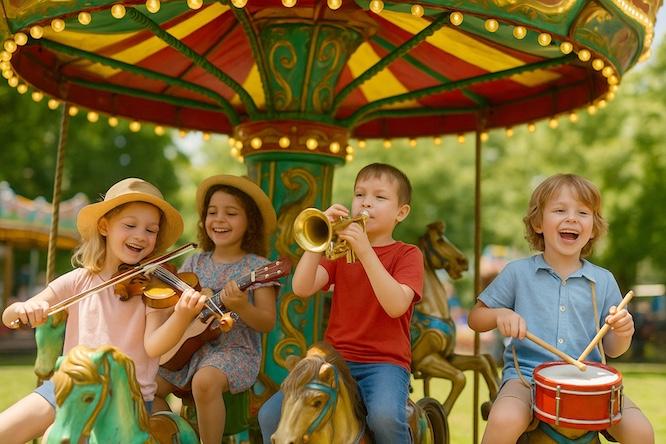 Beim Instrumentenkarussell der Kreismusik- und Kunstschule Gebrüder Graun können Kinder verschiedene Instrumente ausprobieren und dabei spielerisch erste musikalische Erfahrungen sammeln.