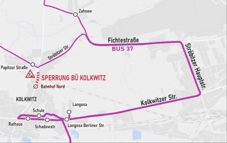 Grafische Darstellung der Sperrung in Kolkwitz sowie der Umleitungen