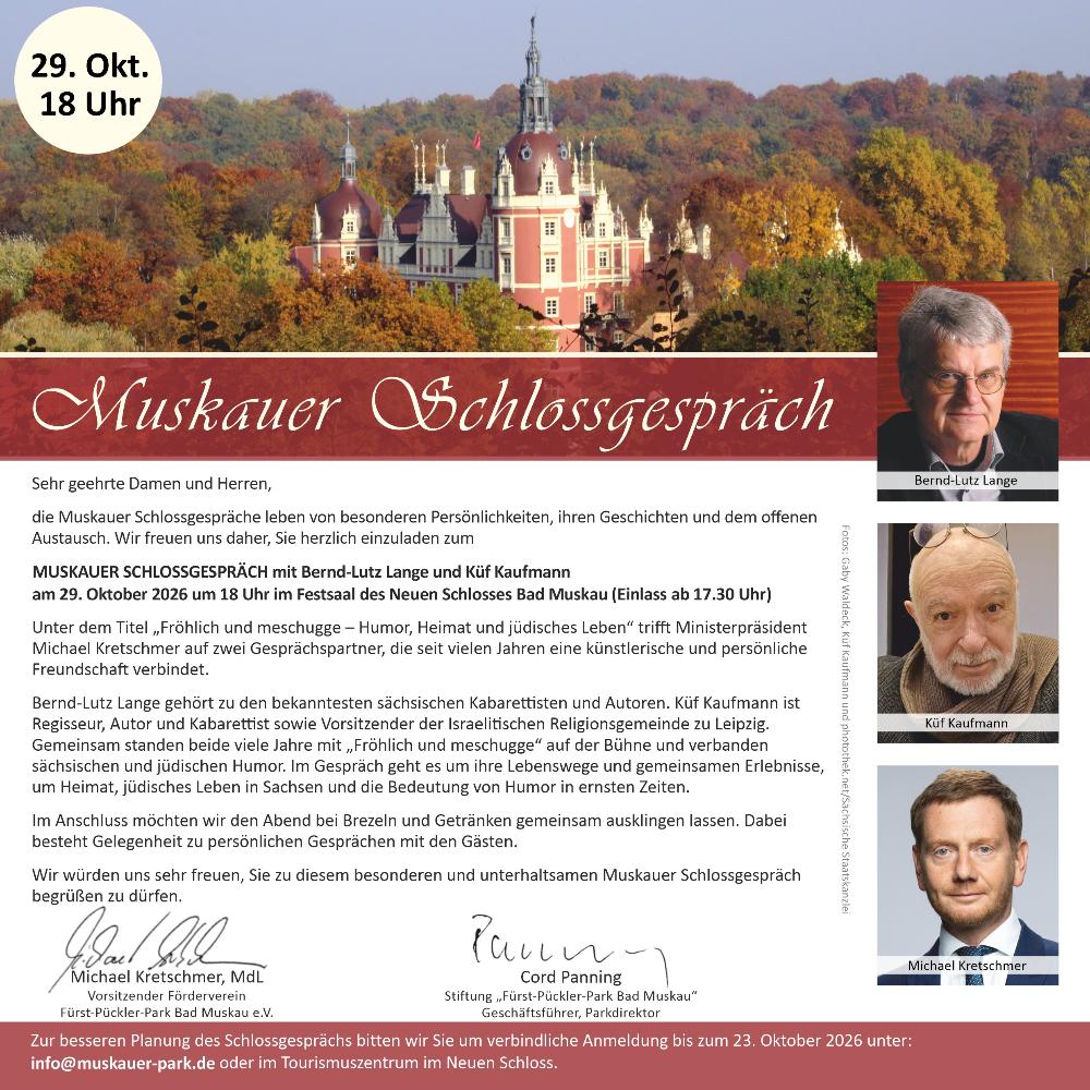 Muskauer Schlossgespräch mit Ministerpräsident Michael Kretschmer sowie Bernd-Lutz Lange und Küf Kaufmann