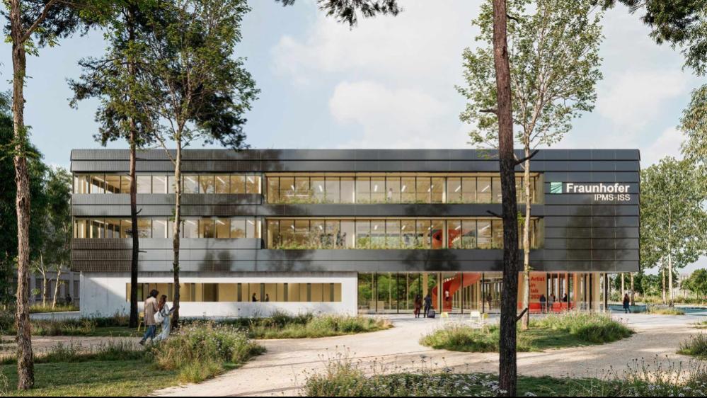 Visualisierung des neuen Forschungsgebäudes des Fraunhofer IPMS in Cottbus. Der Neubau stärkt den Wissenschafts- und Innovationsstandort Lausitz und schafft moderne Forschungsinfrastruktur für den Strukturwandel.