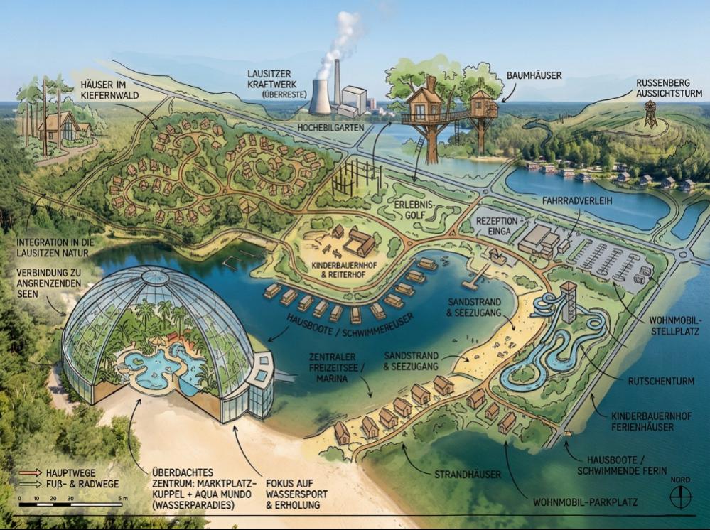 An den Lausitzer Seen ist viel Platz. Unsere Skizze zeigt einige Möglichkeiten für einen Centerpark im Seenland.