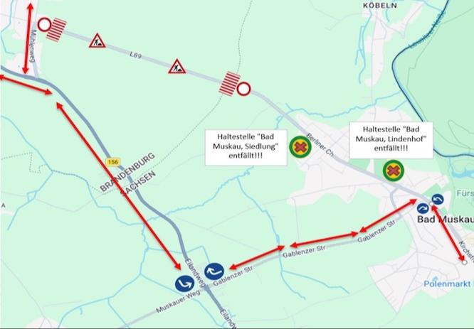 Aufgrund von Bauarbeiten und der damit verbundenen Sperrung der L89 zwischen Jämlitz und Bad Muskau kommt es ab dem 7. Oktober 2026 voraussichtlich bis zum 30. Oktober 2026 zu einer veränderten Linienführung der Linie 868 im Bereich Jämlitz – Bad Muskau bis zur Landesgrenze Sachsens.