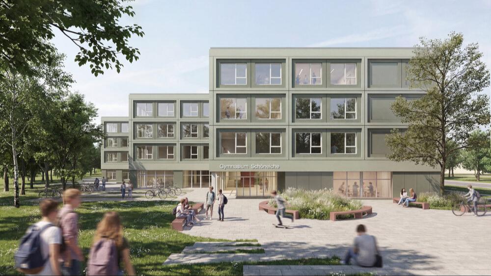 Startschuss für das neue Gymnasium in Schöneiche". Mit dem Projekt entsteht ein moderner Schulstandort, der zeitgemäßes Lernen mit einem flexiblen und zukunftsfähigen Raumkonzept verbindet.