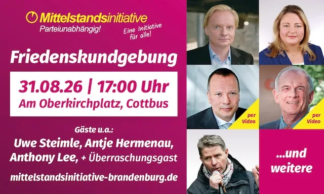 Friedenskundgebung in Cottbus - Am 31. August 2026 laden wir zur Friedenskundgebung auf den Oberkirchplatz in Cottbus ein.